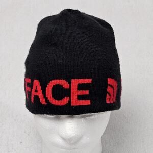 The North Face Reversible Beanie Red Black Logo Spelled Out Knit Gorp Ski Snow